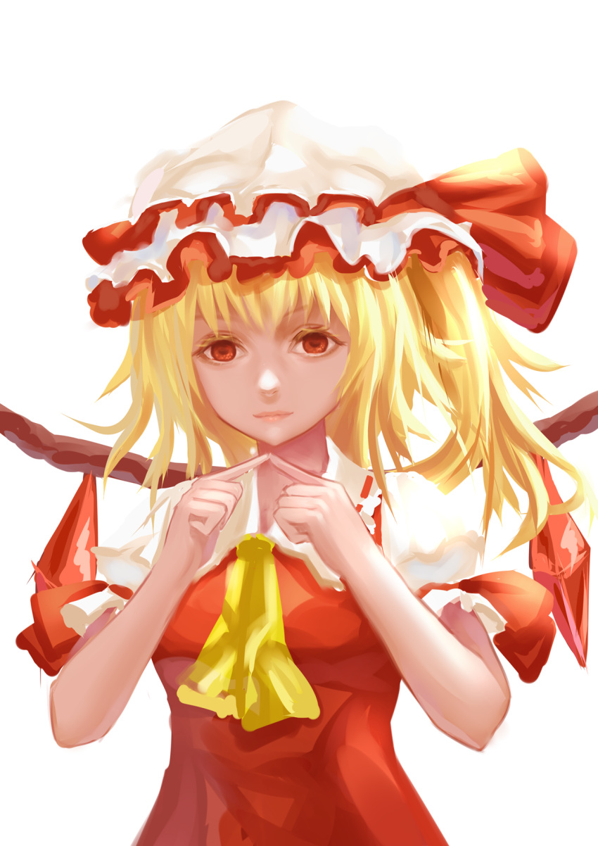 1girl ascot dress fingers_together flandre_scarlet hat hat_ribbon highres looking_at_viewer mob_cap red_dress red_eyes ribbon side_ponytail simple_background sketch solo touhou white_background wings xiao_yinbie