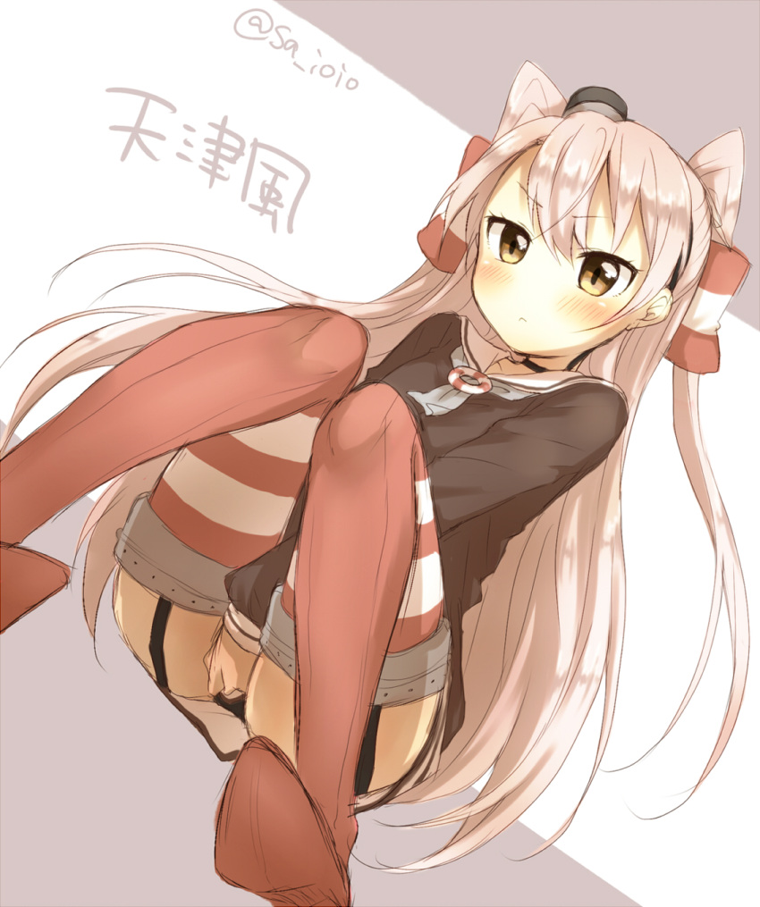 &gt;:&lt; 1girl amatsukaze_(kantai_collection) blush brown_eyes character_name choker covering covering_crotch garter_straps hair_tubes headgear highres kantai_collection long_hair looking_at_viewer neckerchief red_legwear sailor_collar sailor_dress silver_hair solo striped striped_legwear thighhighs twintails twitter_username you-1110