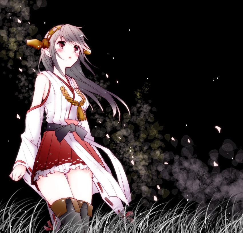 1girl aruma_jirou black_background black_hair black_legwear blush brown_hair detached_sleeves floating_hair grass hairband haruna_(kantai_collection) highres kantai_collection looking_up nontraditional_miko parted_lips petals red_eyes red_skirt skirt solo thigh-highs wide_sleeves wind zettai_ryouiki