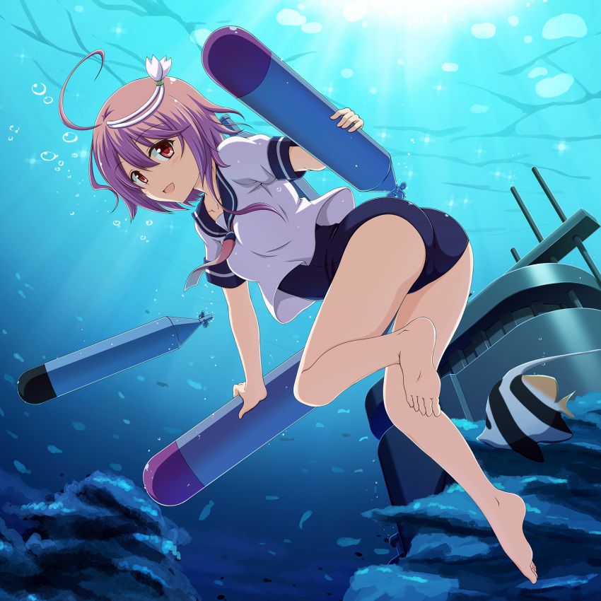 1girl fish hair_ornament highres i-58_(kantai_collection) pink_hair school_swimsuit short_hair solo swimsuit swimsuit_under_clothes torpedo underwater