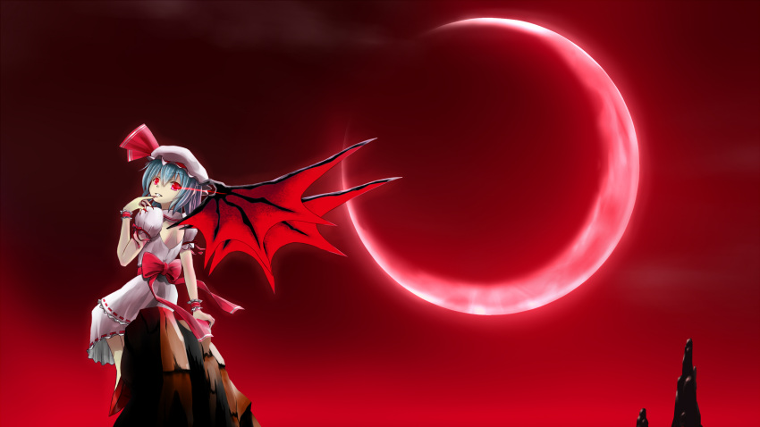 1girl arm_support bat_wings blue_hair crescent_moon finger_to_chin fingernails glowing glowing_eyes grin hat hat_ribbon highres looking_at_viewer looking_back mob_cap moon nail_polish noronosuke puffy_short_sleeves puffy_sleeves red_background red_eyes red_moon remilia_scarlet ribbon sash sharp_fingernails short_hair short_sleeves shoulder_blades sitting_on_rock skirt skirt_set smile solo touhou wings wrist_cuffs