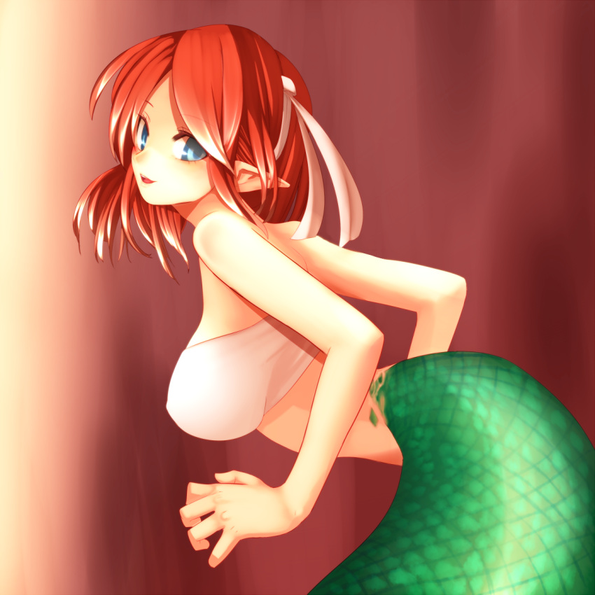 1girl bandeau bare_shoulders blue_eyes breasts hair_ornament highres large_breasts leaning leaning_forward looking_back monster_girl naga_(p&amp;d) open_mouth pointy_ears puzzle_&amp;_dragons redhead scales short_hair smile snake_tail solo tail unier