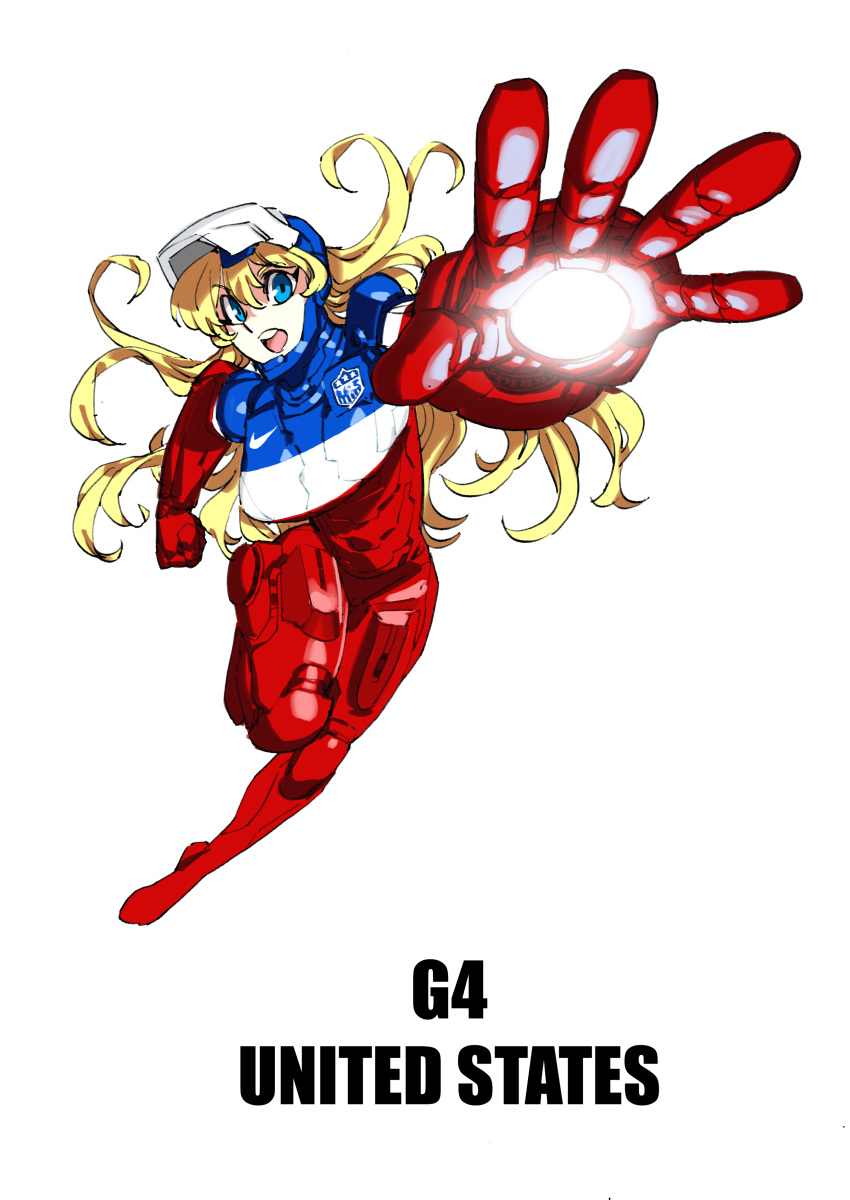 1girl 2014_fifa_world_cup absurdres america blonde_hair blue_eyes daibajoujisan highres iron_man_(comics) original simple_background solo white_background world_cup
