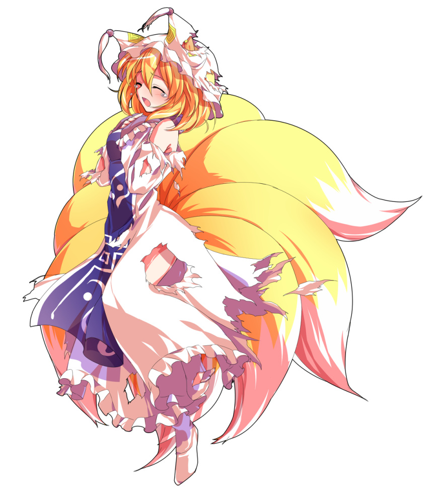 1girl alphes_(style) animal_ears beaten blonde_hair dairi dress fox_ears fox_tail hat highres mob_cap multiple_tails parody short_hair style_parody tabard tail tears torn_clothes torn_dress torn_hat touhou transparent_background yakumo_ran