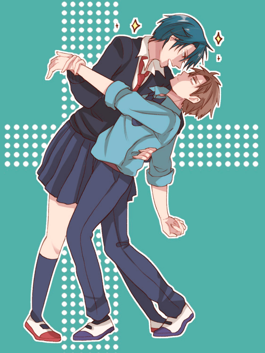 1boy 1girl blue_hair brown_hair gekkan_shoujo_nozaki-kun highres hori_masayuki kashima_yuu school_uniform short_hair tango