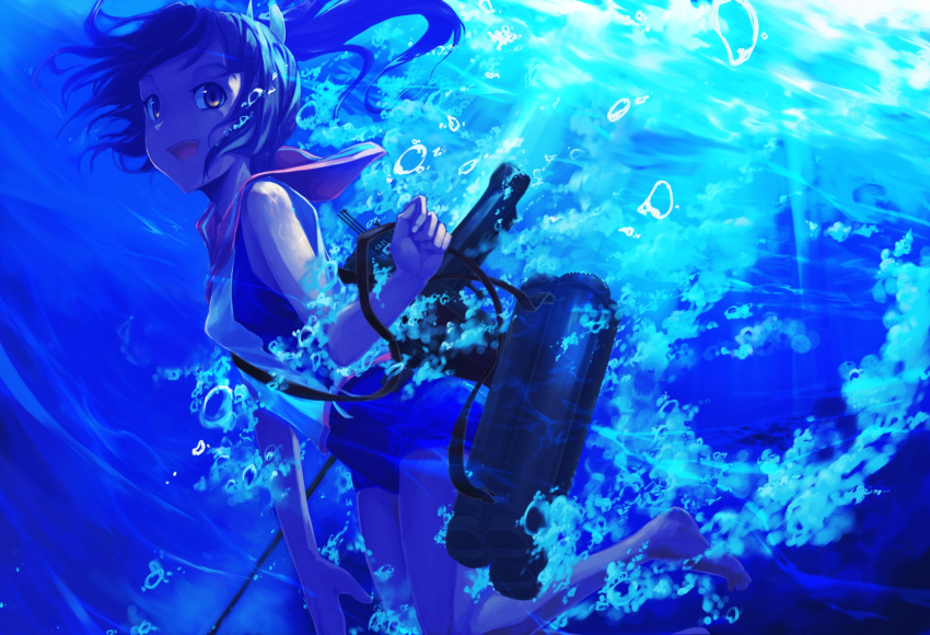 1girl bubble diving highres i-401_(kantai_collection) kantai_collection looking_at_viewer machinery open_mouth school_uniform serafuku smile solo sorano_eika swimsuit swimsuit_under_clothes underwater