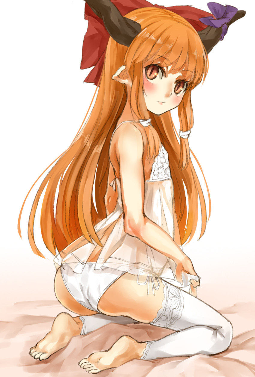 1girl ass bare_shoulders barefoot bow brown_eyes flat_chest hair_bow highres horn_bow horns ibuki_suika kneeling lingerie long_hair looking_at_viewer looking_to_the_side negligee nishiuri orange_hair panties pointy_ears see-through side-tie_panties slit_pupils solo thigh-highs touhou underwear underwear_only white_background white_legwear white_panties