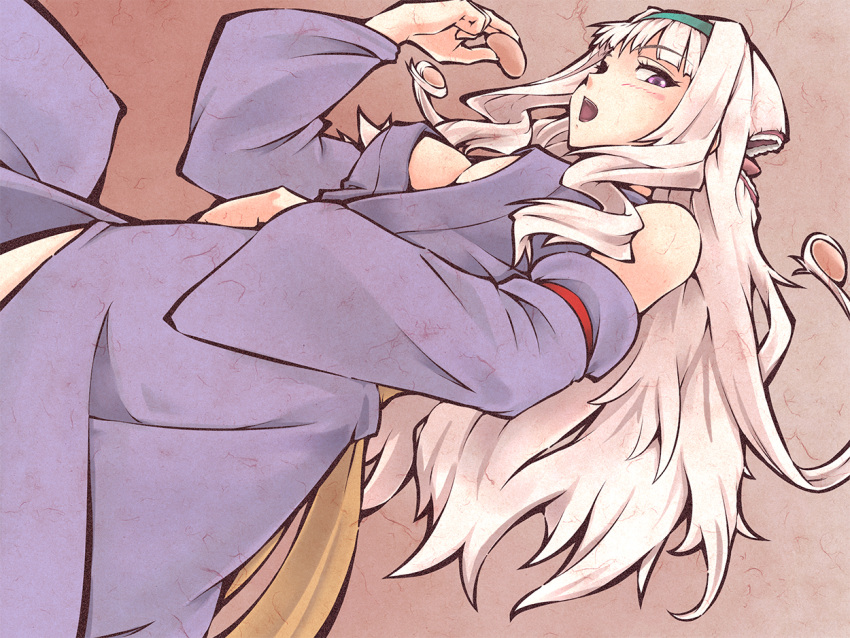 1girl alternate_costume breasts cleavage doku_hebi dutch_angle food hairband idolmaster japanese_clothes long_hair looking_at_viewer open_mouth red_eyes shijou_takane silver_hair solo