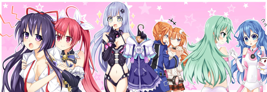 6+girls bare_shoulders black_gloves blue_eyes blue_hair blush bodysuit braid breasts choujigen_game_neptune choujigen_game_neptune_mk2 cleavage compa compa_(cosplay) creator_connection date_a_live detached_collar detached_sleeves gloves green_eyes green_hair hair_ornament hair_ribbon hand_puppet highres holding_clothes holding_hands if_(choujigen_game_neptune) if_(choujigen_game_neptune)_(cosplay) interlocked_fingers iris_heart iris_heart_(cosplay) itsuka_kotori izayoi_miku jacket kami_jigen_game_neptune_v long_hair long_sleeves looking_at_another midriff multiple_girls natsumi_(date_a_live) navel neptune_(choujigen_game_neptune) noire noire_(cosplay) open_mouth orange_hair plaid plaid_skirt puppet purple_hair ram_(choujigen_game_neptune) red_eyes redhead ribbed_sweater ribbon rom_(choujigen_game_neptune) school_uniform siblings sisters skirt smile star star-shaped_pupils sweater swimsuit symbol-shaped_pupils tsunako twintails unbuttoned violet_eyes white_sister_ram white_sister_ram_(cosplay) white_sister_rom white_sister_rom_(cosplay) yamai_kaguya yamai_yuzuru yatogami_tooka yek8221 yoshino_(date_a_live) yoshinon
