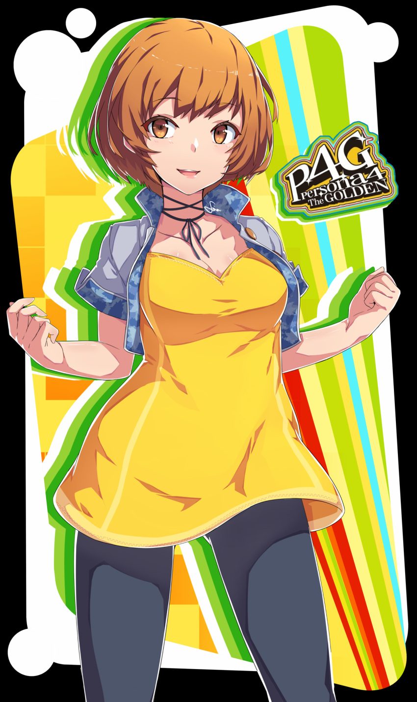 1girl alternate_costume breasts brown_eyes brown_hair cleavage copyright_name dev dress highres jacket open_clothes open_jacket open_mouth persona persona_4 persona_4_the_golden ribbon satonaka_chie short_hair smile solo spandex