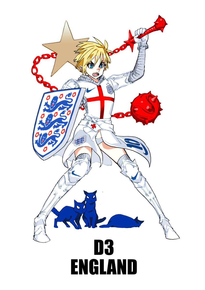 1girl 2014_fifa_world_cup absurdres daibajoujisan england highres mace original shield simple_background solo weapon white_background world_cup
