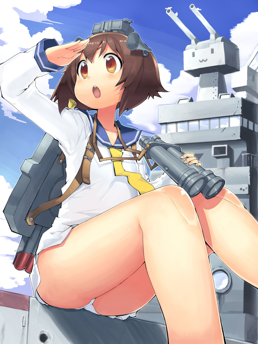 1girl :3 :o absurdres angelo_(gomahangetsu) backpack bag binoculars blue_sky blush brown_eyes brown_hair canon clouds cloudy_sky from_below hair_ornament hand_on_forehead headgear highres holding kantai_collection looking_afar machinery neckerchief necktie open_mouth panties rensouhou-chan sailor_collar sailor_shirt school_uniform serafuku ship shirt short_hair sitting sitting_on_object sky solo thighs turret underwear white_panties yukikaze_(kantai_collection) |_|