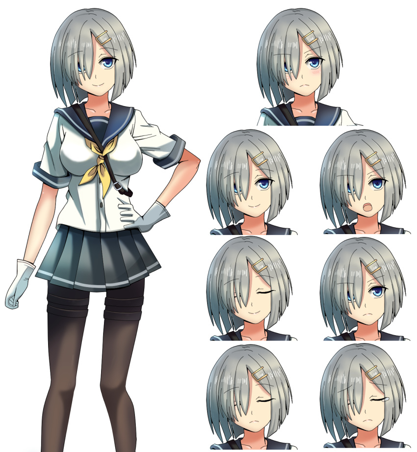 1girl blue_eyes blush closed_eyes expressions gloves grey_skirt hair_over_one_eye hamakaze_(kantai_collection) hand_on_hip highres kantai_collection looking_at_viewer neckerchief open_mouth pantyhose pleated_skirt sailor_collar school_uniform serafuku short_hair silver_hair skirt smile solo tears white_gloves