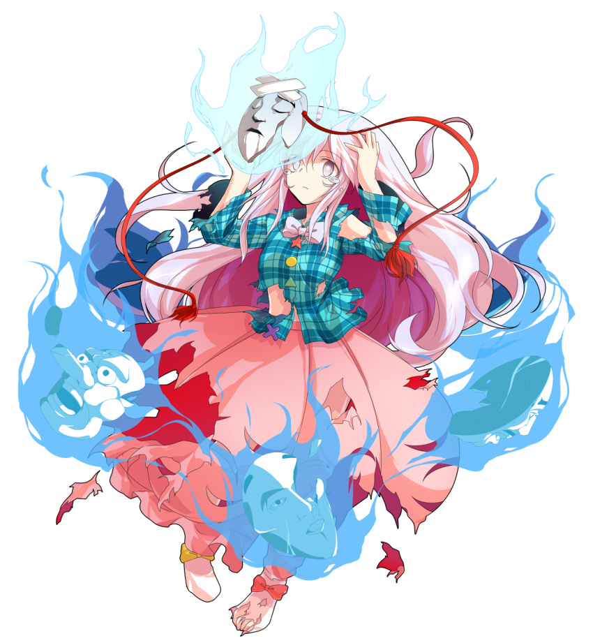 1girl alphes_(style) aura bandaid broken bubble_skirt dairi empty_eyes expressionless hata_no_kokoro highres long_skirt mask parody pink_eyes pink_hair plaid plaid_shirt shirt skirt style_parody tears tengu_mask torn_clothes torn_skirt touhou transparent_background