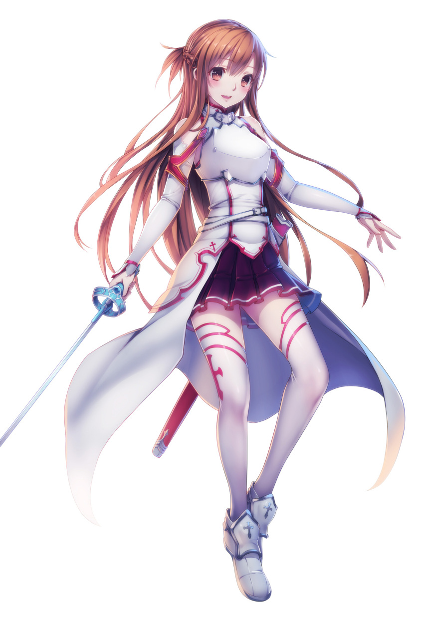 1girl armor asuna_(sao) bare_shoulders belt boots breastplate brown_eyes brown_hair buckle detached_sleeves highres long_hair sheath skirt smile solo steelleets sword sword_art_online thigh-highs weapon yuuki_asuna