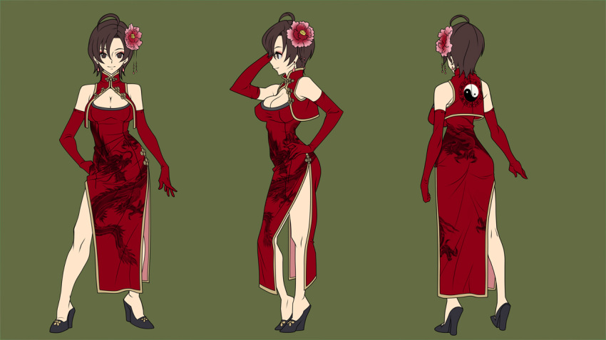 breasts brown_eyes brown_hair character_sheet china_dress chinadress chinese_clothes cleavage elbow_gloves flower gloves hair_flower hair_ornament high_heels hirabaru_kenji legs meiko short_hair simple_background smile turnaround vocaloid yin_yang