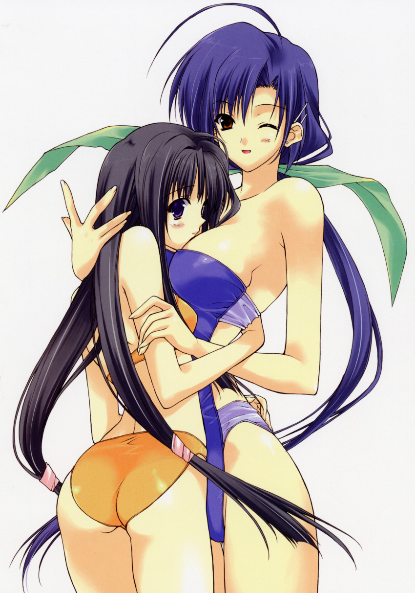 absurdres ahoge arm_grab ass back bare_shoulders bikini black_hair blue_eyes blue_hair blush breast_smother breasts brown_eyes casual_one-piece_swimsuit earrings embarrassed flat_chest from_behind hair_ornament hair_ribbon hairclip highres hug jewelry kimishima_nana kinoshita_takako large_breasts long_hair looking_back one-piece_swimsuit open_mouth orange_eyes pia_carrot pia_carrot_(series) pia_carrot_e_youkoso!!_3 ponytail print_swimsuit purple_eyes ribbon scan scrunchie simple_background smile suzuhira_hiro swimsuit thigh_gap twintails very_long_hair wink yuri