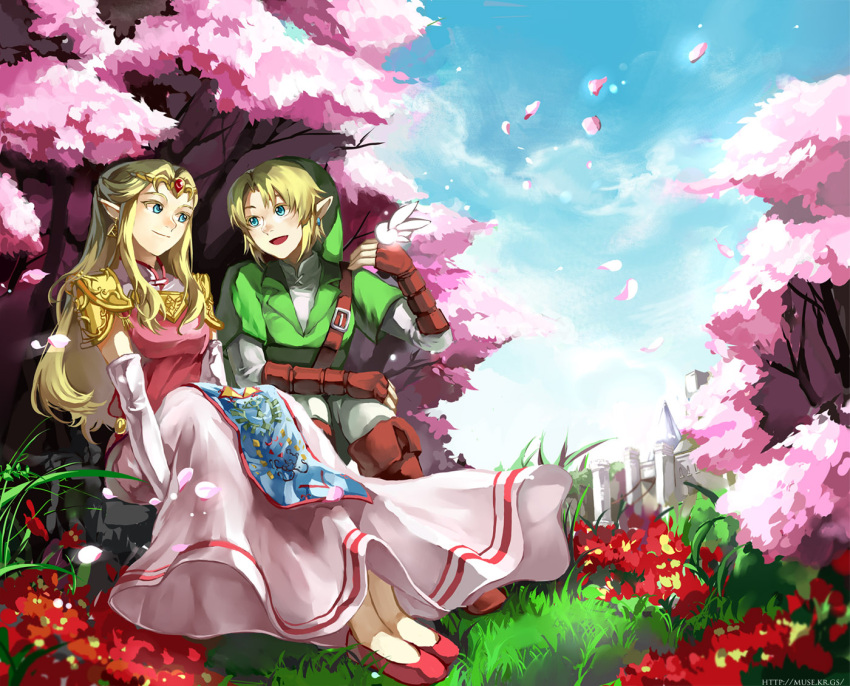 1girl blonde_hair blue_eyes couple dress earrings elbow_gloves fairy flower gloves jewelry link long_dress long_hair muse_(rainforest) nature nintendo ocarina_of_time pointy_ears princess princess_zelda sitting sky smile the_legend_of_zelda tiara wind