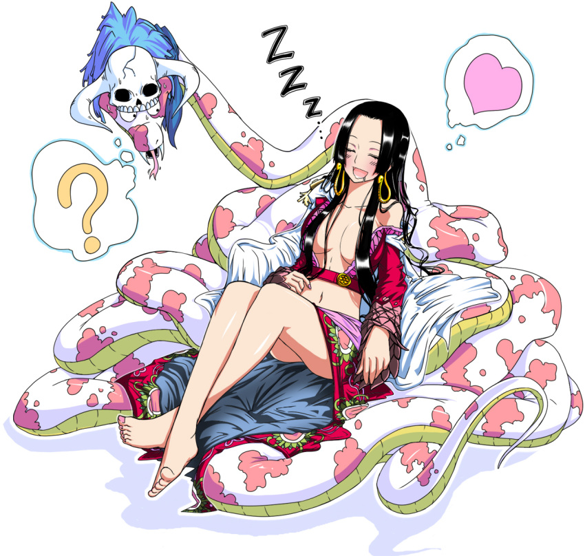 barefoot black_hair blush boa_hancock cape closed_eyes crossed_legs dreaming drooling earrings feet heart jewelry long_hair luceva midriff off_shoulder one_piece open_mouth saliva salome_(one_piece) sitting skull sleeping snake