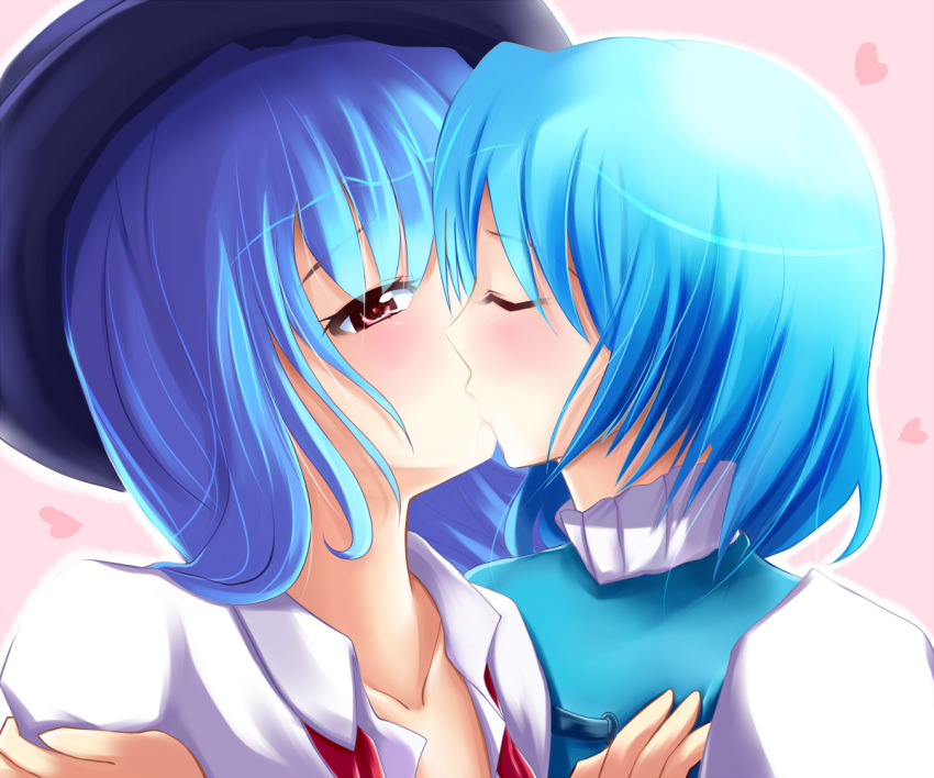 blue_hair blush hat hinanawi_tenshi kiss long_hair multiple_girls red_eyes sakura_ani short_hair syanayuuji tatara_kogasa touhou yuri