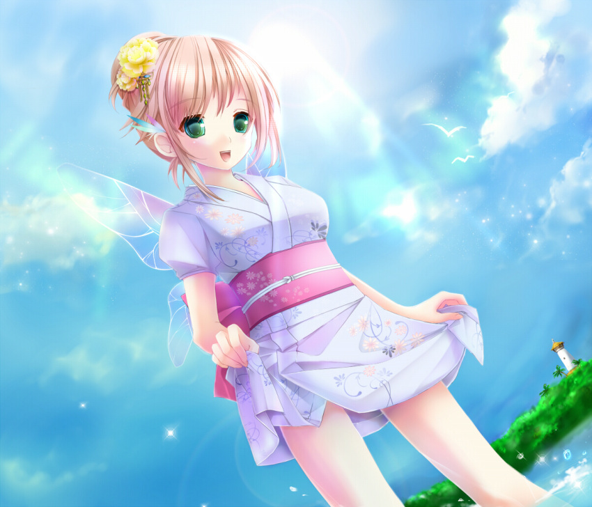 green_eyes hair_ornament hairpin hana japanese_clothes kimono open_mouth pangya pink_hair short_kimono sky solo wings yuuki_kira