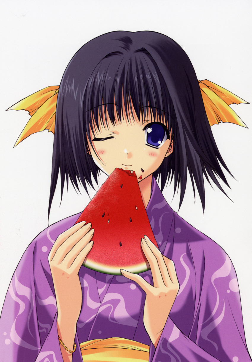 bow eating food fruit hair_bow highres holding holding_fruit japanese_clothes kimono scan short_hair suzuhira_hiro watermelon wink