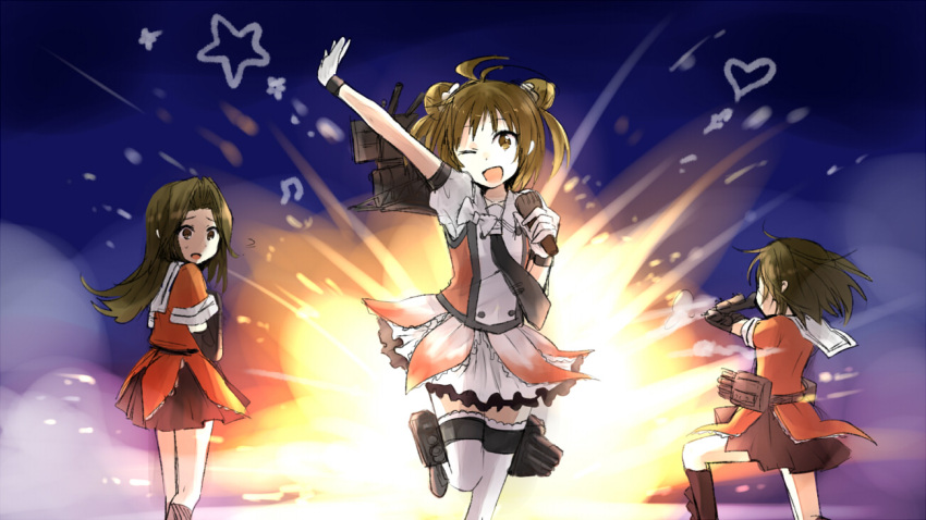 3girls :d ahoge arm_up black_skirt bowtie double_bun explosion frilled_skirt frills gloves jintsuu_(kantai_collection) kantai_collection long_hair looking_at_viewer microphone multiple_girls naka_(kantai_collection) necktie one_eye_closed one_leg_raised open_mouth pleated_skirt sailor_collar sarukomea sendai_(kantai_collection) short_hair skirt smile thigh-highs two_side_up white_bow white_gloves white_legwear zettai_ryouiki