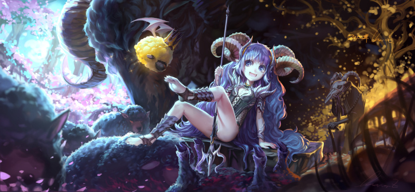 1girl :d barefoot blue_eyes blue_hair demon_girl holding horns long_hair looking_at_viewer observerz open_mouth original polearm sheep sheep_horns sitting smile trident very_long_hair weapon
