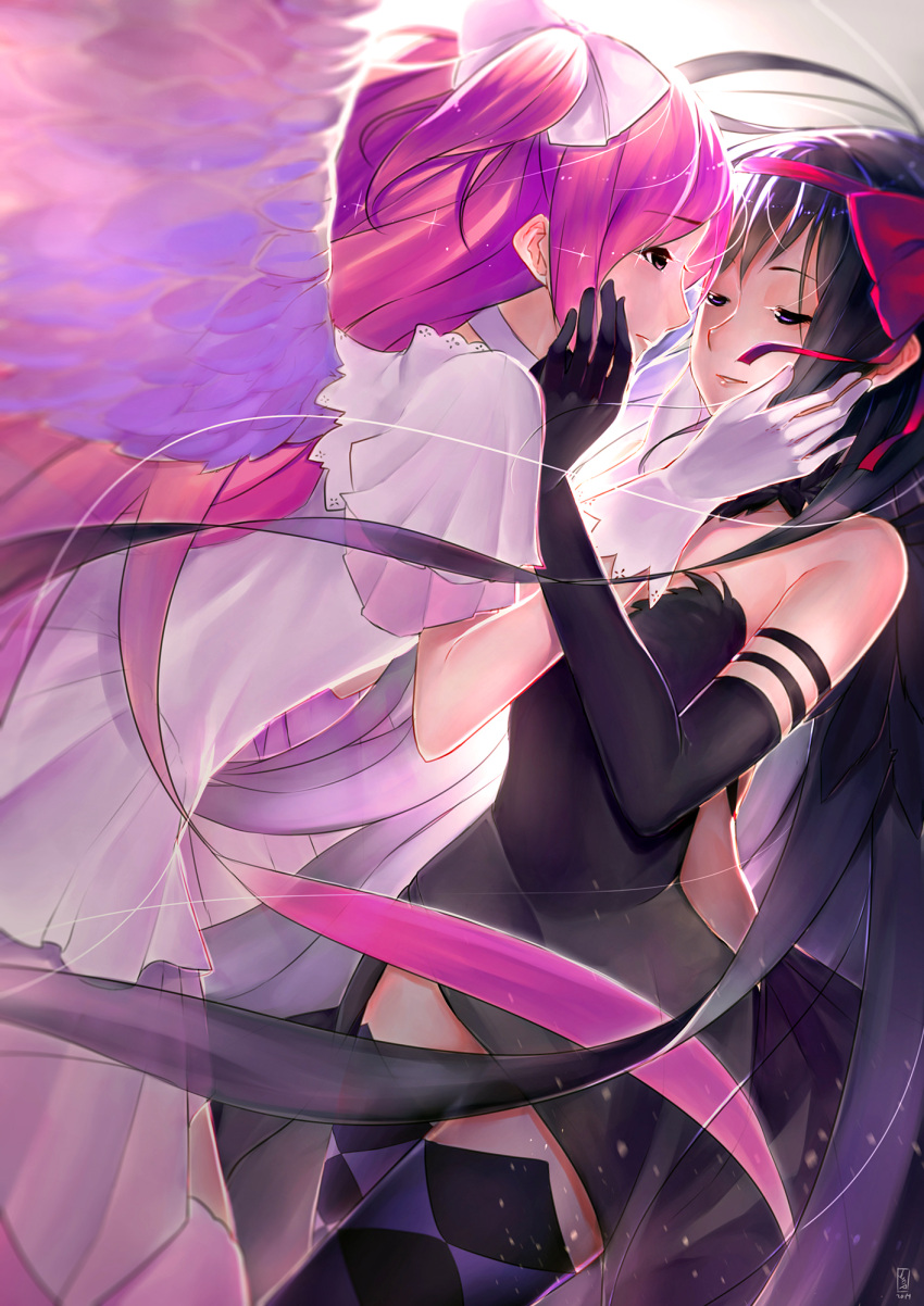 2girls akemi_homura akuma_homura argyle argyle_legwear bare_shoulders black_gloves black_hair bow choker dress elbow_gloves eye_contact feathered_wings gloves goddess_madoka hair_bow hand_on_another's_cheek hand_on_another's_face highres incipient_kiss jun_project kaname_madoka long_hair looking_at_another mahou_shoujo_madoka_magica mahou_shoujo_madoka_magica_movie multiple_girls parted_lips pink_eyes pink_hair smile spoilers thigh-highs two_side_up violet_eyes white_dress white_gloves wings yuri zettai_ryouiki