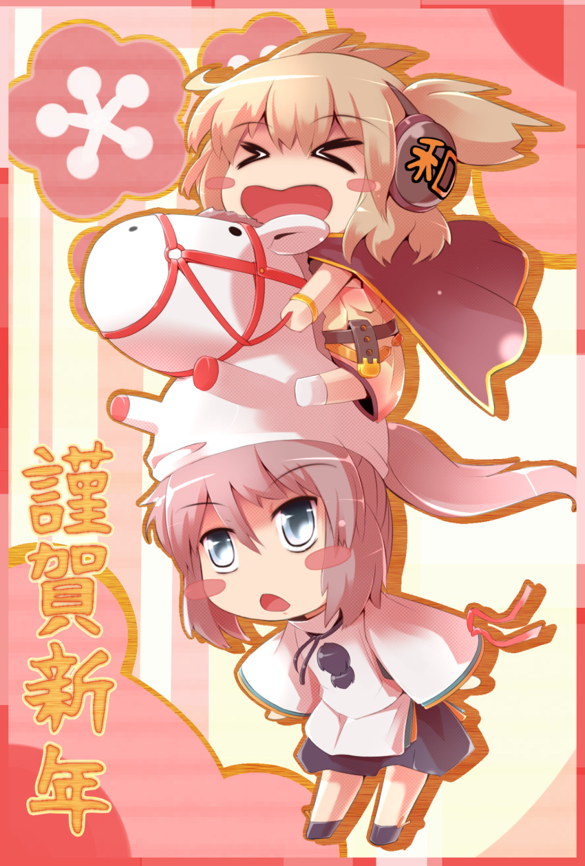 &gt;_&lt; 2girls animal_costume blue_eyes blush_sitckers brown_hair cape deforide grey_hair happy_new_year headphones highres horse_costume mononobe_no_futo multiple_girls new_year ponytail sibelurabbi touhou toyosatomimi_no_miko translated