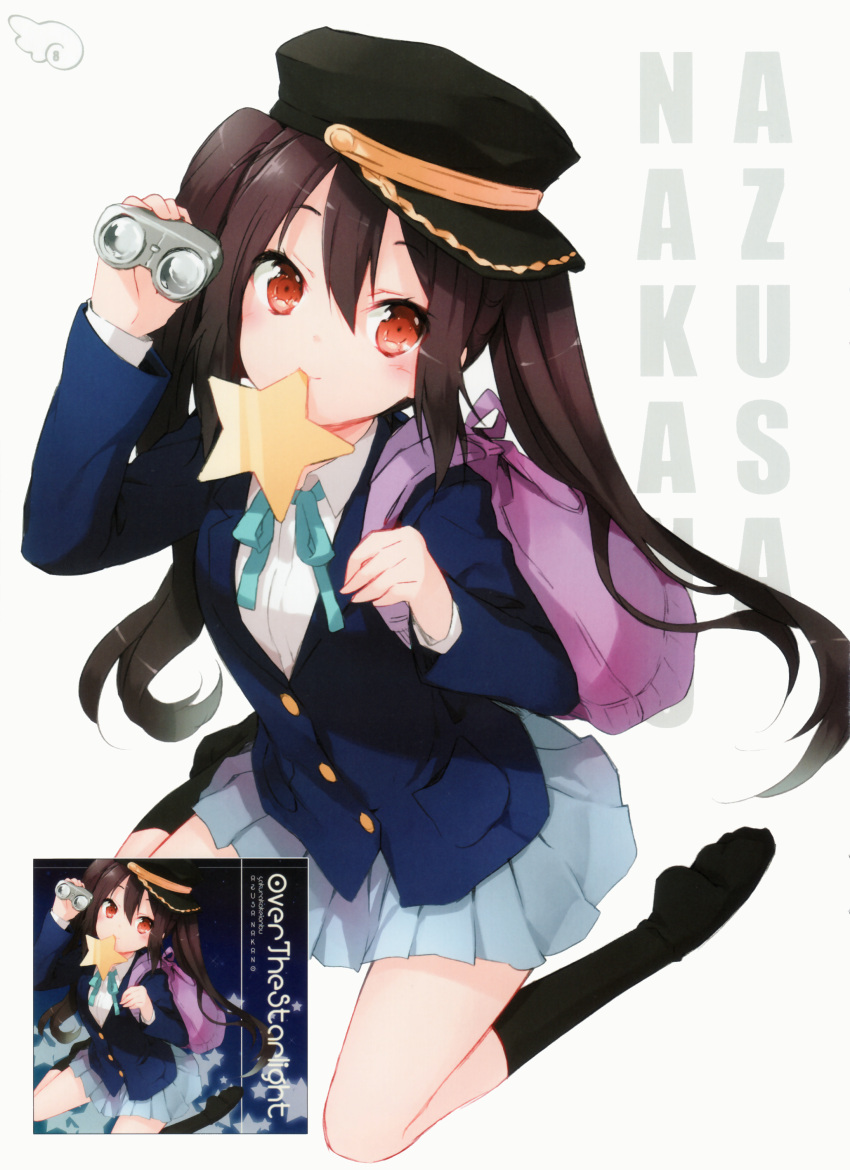 1girl absurdres backpack bag binoculars black_hair black_legwear blush brown_eyes cuteg hat highres k-on! kneehighs long_hair military_cap mouth_hold nakano_azusa scan school_uniform sitting skirt smile solo star twintails wariza