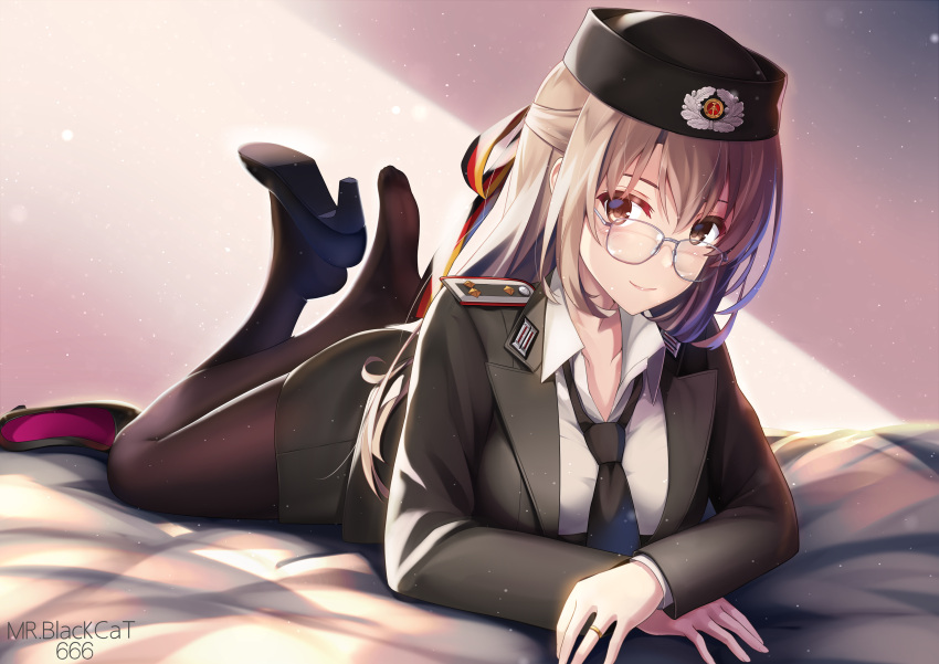 1girl absurdres bangs bed black_thighhighs breasts brown_eyes brown_hair coat eyebrows_hidden_by_hair german_army glasses hair_between_eyes hat high_heels highres jewelry legs_up long_hair looking_at_viewer military military_hat military_uniform mr.blackcat666 necktie original ring shirt smile solo thigh-highs uniform white_shirt