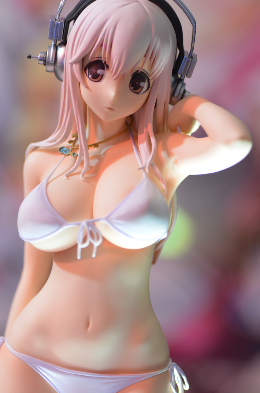 1girl bare_shoulders bikini breasts bust cleavage figure front-tie_top hair_tucking headphones highres jewelry large_breasts long_hair midriff navel necklace nitroplus parted_lips pink_eyes pink_hair reference_photo reference_work side-tie_bikini solo super_sonico swimsuit underboob white_bikini white_swimsuit