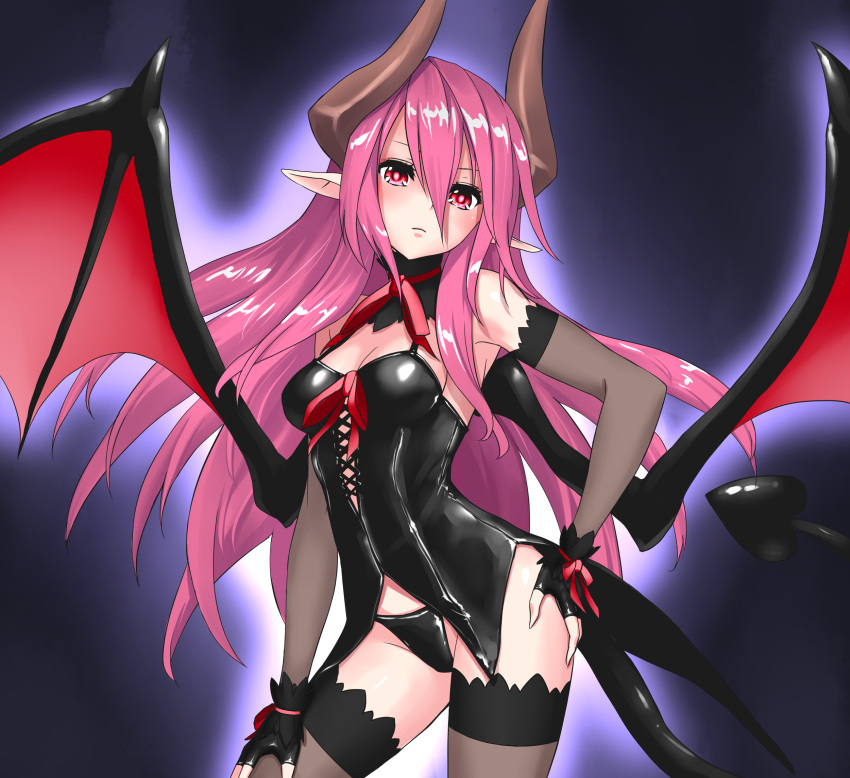 1girl black_gloves breasts cleavage demon_girl eyelashes fingerless_gloves gloves highres horns long_hair looking_at_viewer monster_girl original pink_eyes pink_hair solo standing succubus tagme tail tetsuwan wings