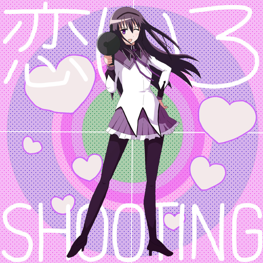 1girl ;d aiming_at_viewer akemi_homura black_hair grenade_launcher hairband heart high_heels highres long_hair looking_at_viewer magical_girl mahou_shoujo_madoka_magica one_eye_closed open_mouth pantyhose simple_background smile solo translation_request violet_eyes weapon