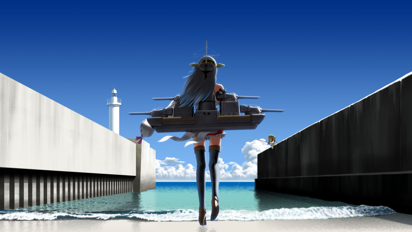 2girls azusa_yukimasa beret black_legwear character_request clouds fishing fishing_rod from_behind full_body grey_hair haruna_(kantai_collection) hat high_heels highres kantai_collection lighthouse long_hair multiple_girls shoes sitting sky standing thigh-highs water