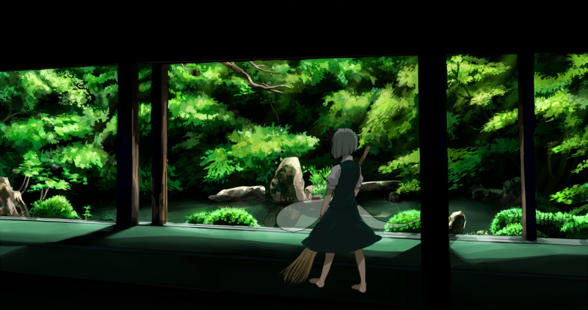 1girl architecture back_turned barefoot bow broom collared_shirt east_asian_architecture flower green_skirt green_vest grey_hair hair_bow holding koke_(moromiso) konpaku_youmu konpaku_youmu_(ghost) looking looking_outside moss nature peaceful pond reflection rock shadow short_hair short_sleeves shrubbery skirt sunlight sweeping tagme touhou tree tree_branch