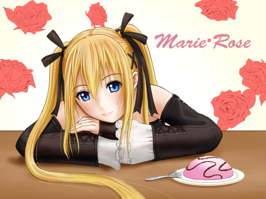 1girl bare_shoulders blonde_hair blue_eyes cake character_name chin_rest dead_or_alive dead_or_alive_5 detached_sleeves food hair_ribbon imama long_hair looking_at_viewer marie_rose ribbon smile solo twintails