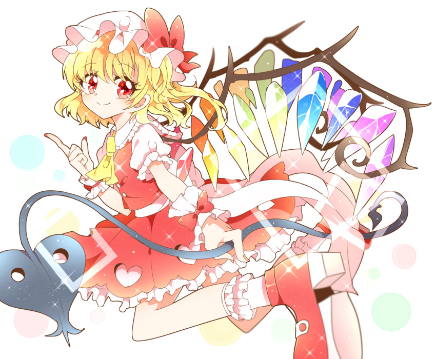 1girl ascot blonde_hair flandre_scarlet hand_on_own_chest hat hat_ribbon highres kyapinetzu laevatein looking_at_viewer mob_cap puffy_sleeves rainbow_order red_eyes red_shoes ribbon shirt shoes short_hair skirt skirt_set smile solo sparkle touhou vest wings
