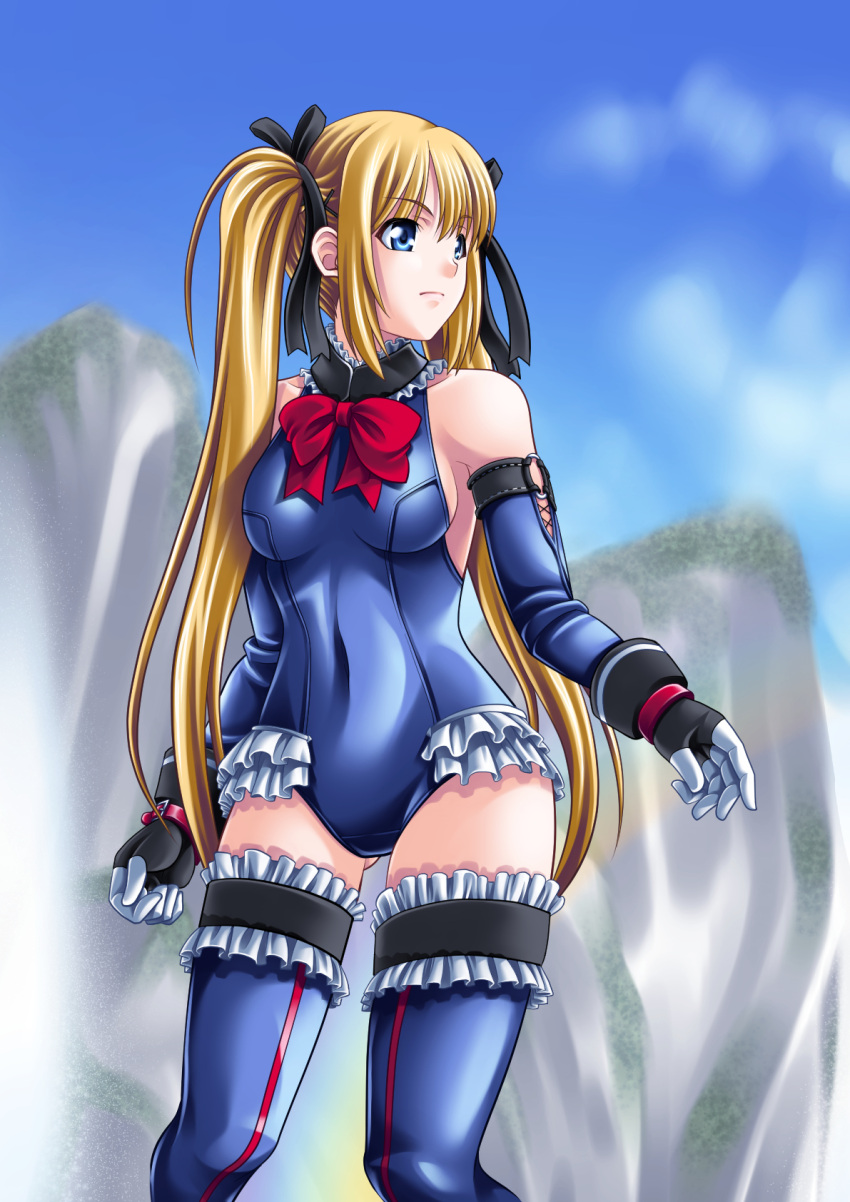 1girl bare_shoulders blonde_hair blue_eyes blue_legwear bow breasts dead_or_alive dead_or_alive_5 detached_collar detached_sleeves frills gloves hair_ribbon highres leotard long_hair marie_rose niitsu_riu ribbon sideboob small_breasts solo standing thigh-highs twintails