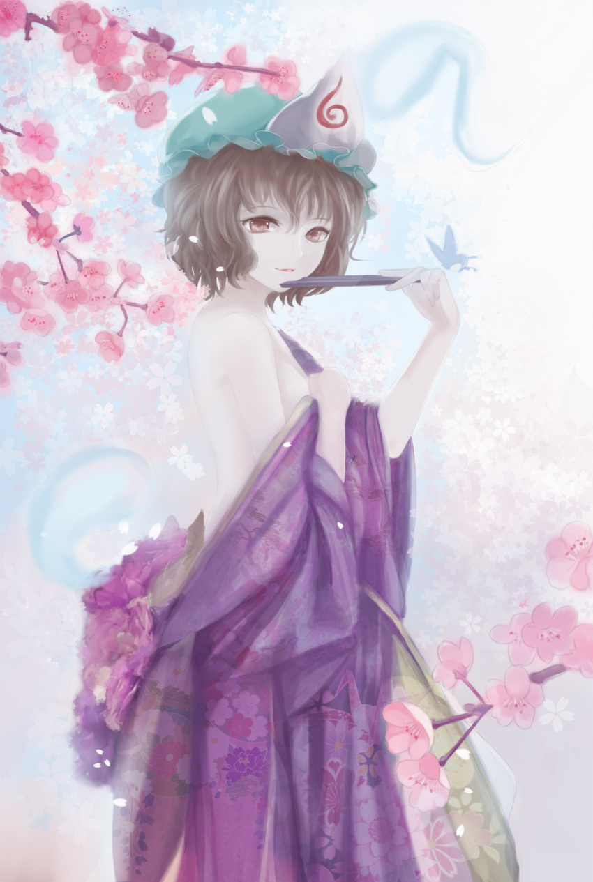 1girl bare_shoulders breasts brown_eyes brown_hair butterfly cherry_blossoms cleavage closed_fan fan floral_print folding_fan highres hitodama japanese_clothes kimono looking_at_viewer looking_to_the_side magician_(china) off_shoulder saigyouji_yuyuko short_hair sideboob smile solo touhou