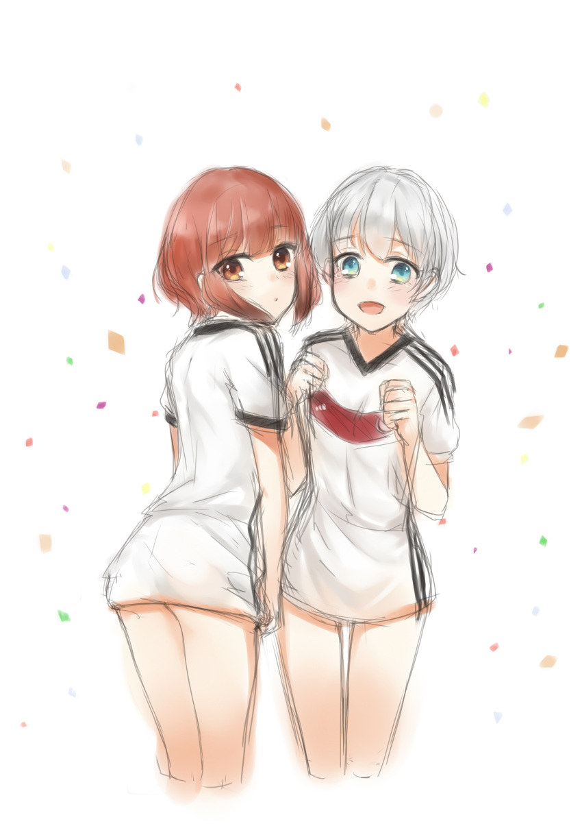2014_fifa_world_cup 2girls absurdres blue_eyes blush bottomless brown_hair clenched_hands confetti crying crying_with_eyes_open germany highres kantai_collection looking_back multiple_girls open_mouth orange_eyes shinmurajun shirt short_hair short_sleeves silver_hair simple_background sketch smile soccer_uniform sportswear tears white_background world_cup z1_leberecht_maass_(kantai_collection) z3_max_schultz_(kantai_collection)