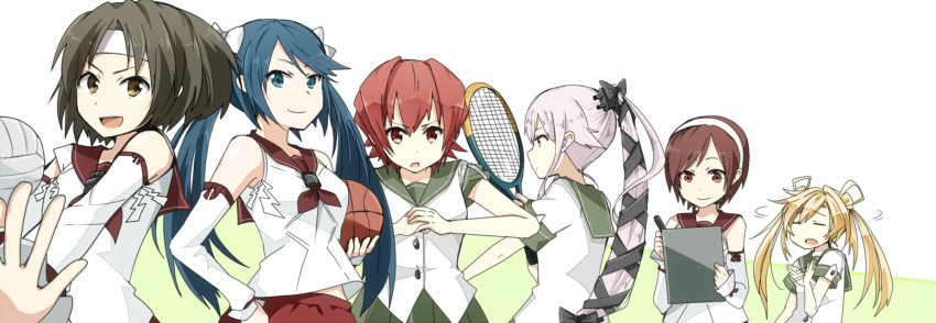 6+girls :d abukuma_(kantai_collection) bare_shoulders basketball black_ribbon blonde_hair blue_eyes blue_hair brown_eyes brown_hair closed_eyes double_bun elbow_gloves fist_in_hand gloves green_skirt hair_ribbon hand_on_hip headband highres isuzu_(kantai_collection) kantai_collection kinu_(kantai_collection) long_hair multiple_girls nagara_(kantai_collection) natori_(kantai_collection) neckerchief notebook open_mouth outstretched_hand pink_hair pleated_skirt ponytail racket red_eyes red_skirt redhead ribbon sailor_collar sarukomea school_uniform serafuku short_hair skirt sleeves_rolled_up smile tennis_racket twintails very_long_hair volleyball white_background white_ribbon yura_(kantai_collection)