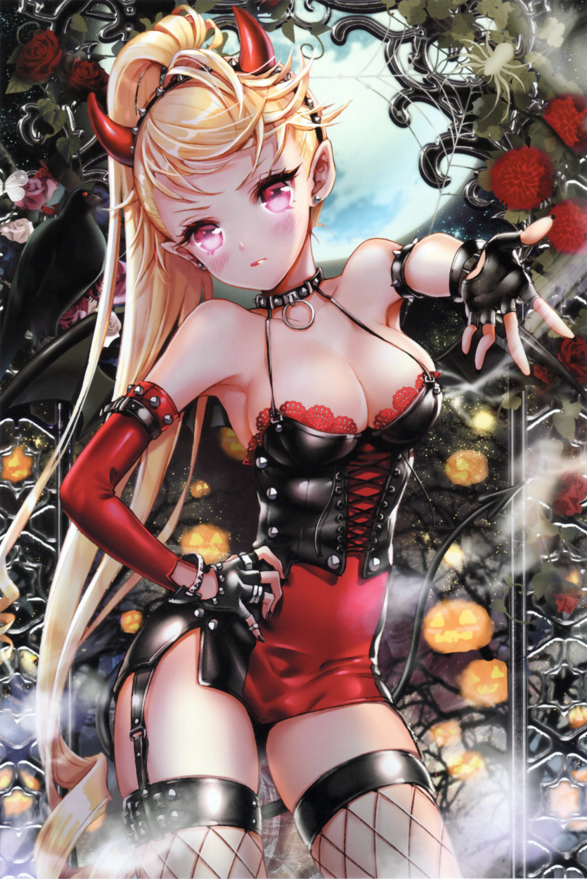 1girl absurdres alternate_costume armpits bare_shoulders blonde_hair blush breasts bustier choker cinia_pacifica cleavage cocoon_(loveririn) collarbone devil_horns drill_hair fake_horns fingerless_gloves fishnet_legwear fishnets flower frown garter_straps gloves hand_on_hip high_ponytail highres horns jack-o'-lantern lips long_hair looking_at_viewer outstretched_arm outstretched_hand pink_eyes ponytail pumpkin red_rose resized rose sideboob solo sword_girls thigh-highs very_long_hair