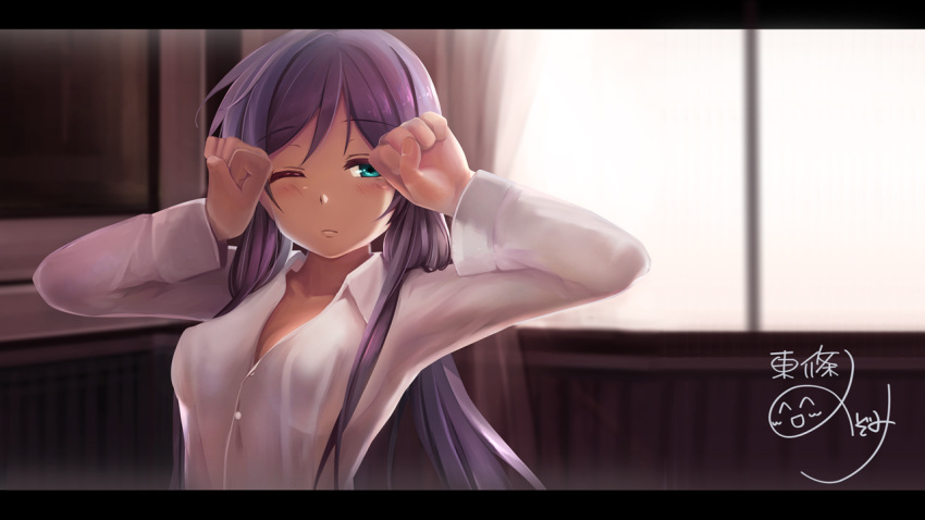 1girl aqua_eyes blouse blush character_name letterboxed long_hair love_live!_school_idol_project one_eye_closed purple_hair rods solo toujou_nozomi waking_up window