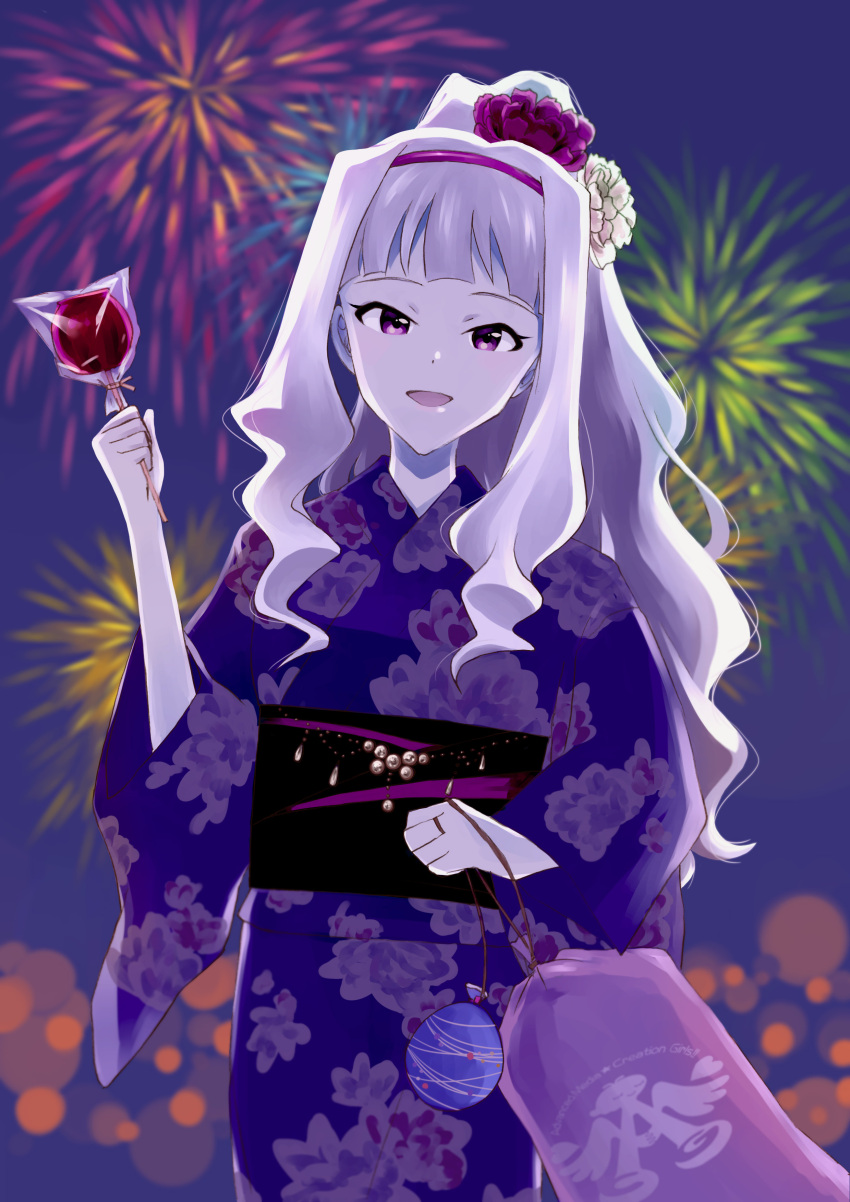 1girl absurdres apple bag balloon fireworks flower flower_on_head food fruit hairband highres idolmaster japanese_clothes kimono kyuu_(qchan) long_hair looking_at_viewer shijou_takane silver_hair solo traditional_clothes violet_eyes