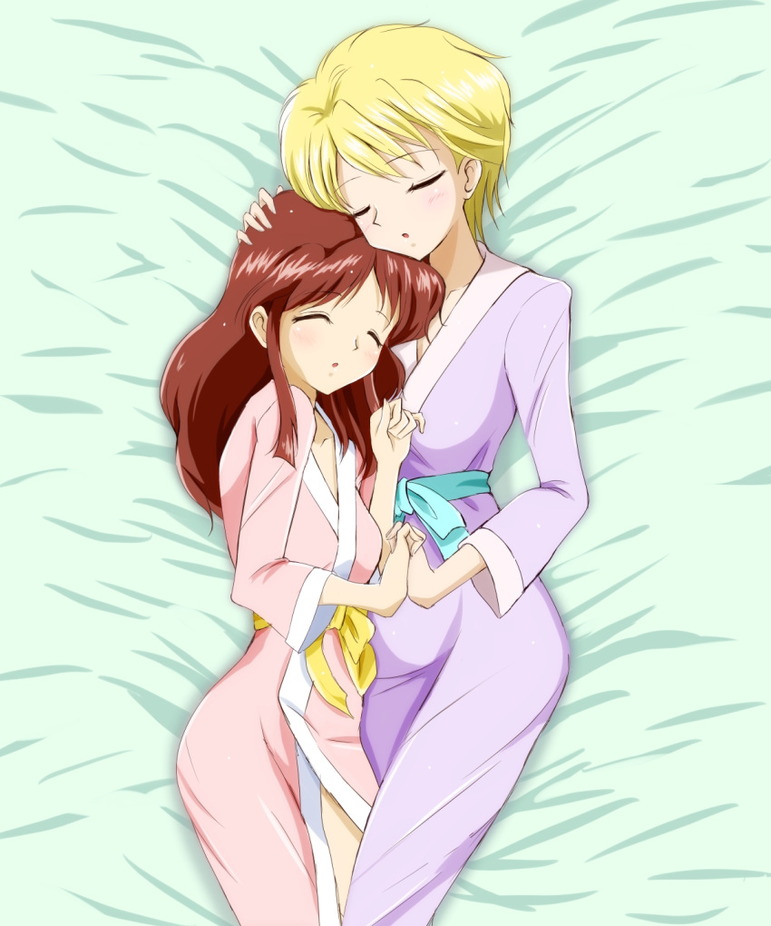 2girls blonde_hair brown_hair closed_eyes fushigi_yuugi highres holding_hands hongou_yui kinfuji long_hair multiple_girls robe short_hair sleeping yuuki_miaka