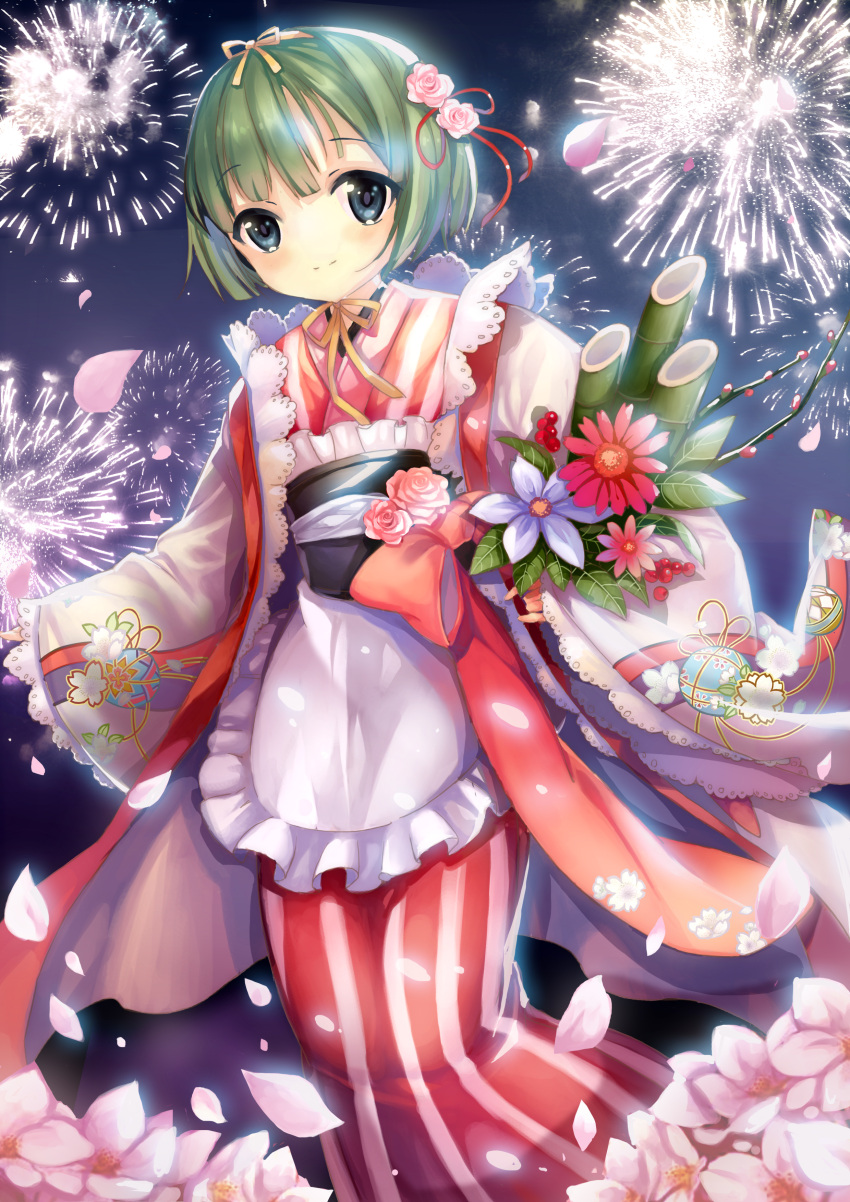 1girl absurdres apron ayakashi_onmyouroku bamboo berries blue_eyes blush bob_cut branch cherry_blossoms coat evollis fireworks floral_print flower frilled_apron frills green_hair hair_flower hair_ornament hair_ribbon hairband highres holding holding_flower japanese_clothes kadomatsu_(ayakashi) kimono lace lace-trimmed_sleeves leaf long_sleeves night night_sky no_nose obi orange_ribbon outdoors petals pink_rose red_ribbon ribbon rose sash short_hair sky smile solo star_(sky) striped