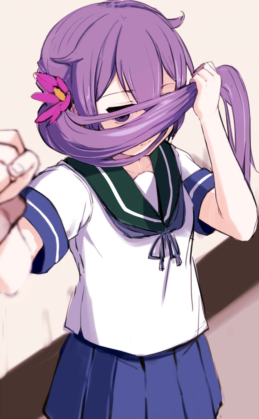 1girl akebono_(kantai_collection) clenched_hand covering_face flower hair_flower hair_grab hair_ornament highres kantai_collection long_hair looking_at_viewer momo_(higanbana_and_girl) purple_hair school_uniform serafuku side_ponytail skirt solo violet_eyes