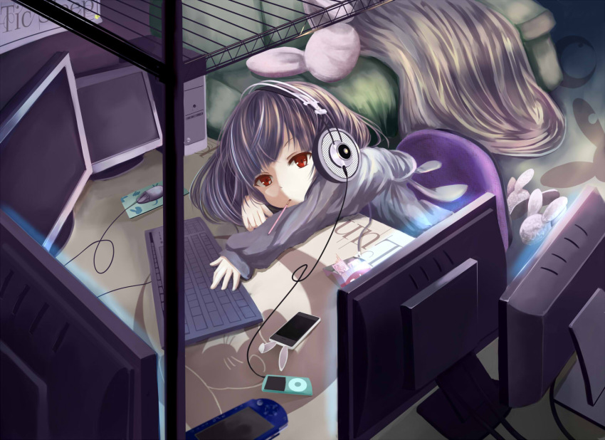1girl animal_ears animal_slippers bed bed_sheet bedroom black_hair bunny_slippers computer computer_keyboard contemporary earphones ging1993 houraisan_kaguya long_hair monitor monitor_light pillow pocky rabbit_ears red_eyes touhou